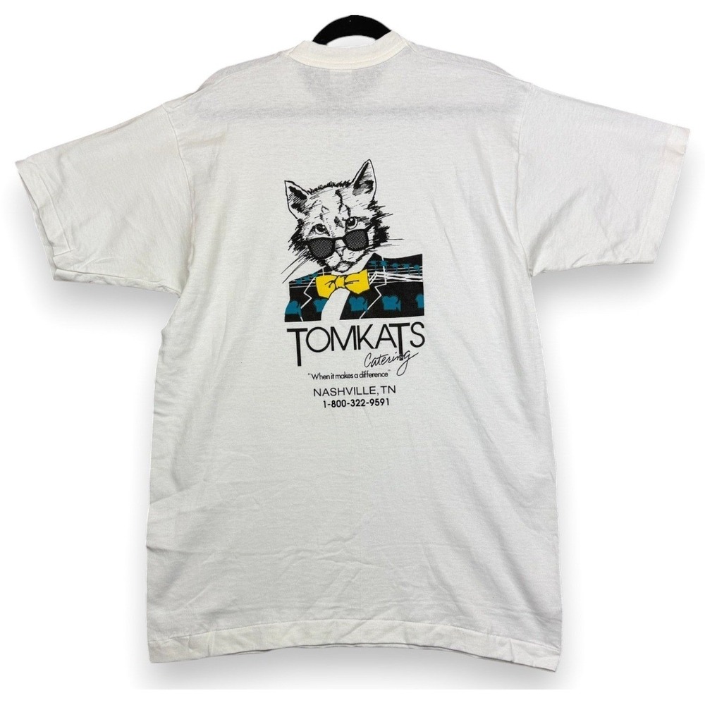 Vintage 1990 Tomkats Catering T Shirt L White Sgt Bilko Film Crew Promo Cat